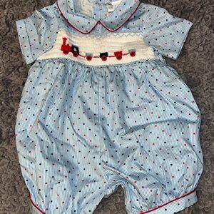 Red White & Blue Romper with Train Embroidery